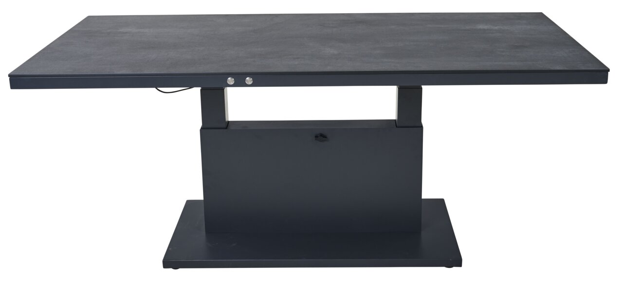 Elektrisch verstelbare tuintafel in een moderne, donkere stijl, gezien vanaf de voorkant.