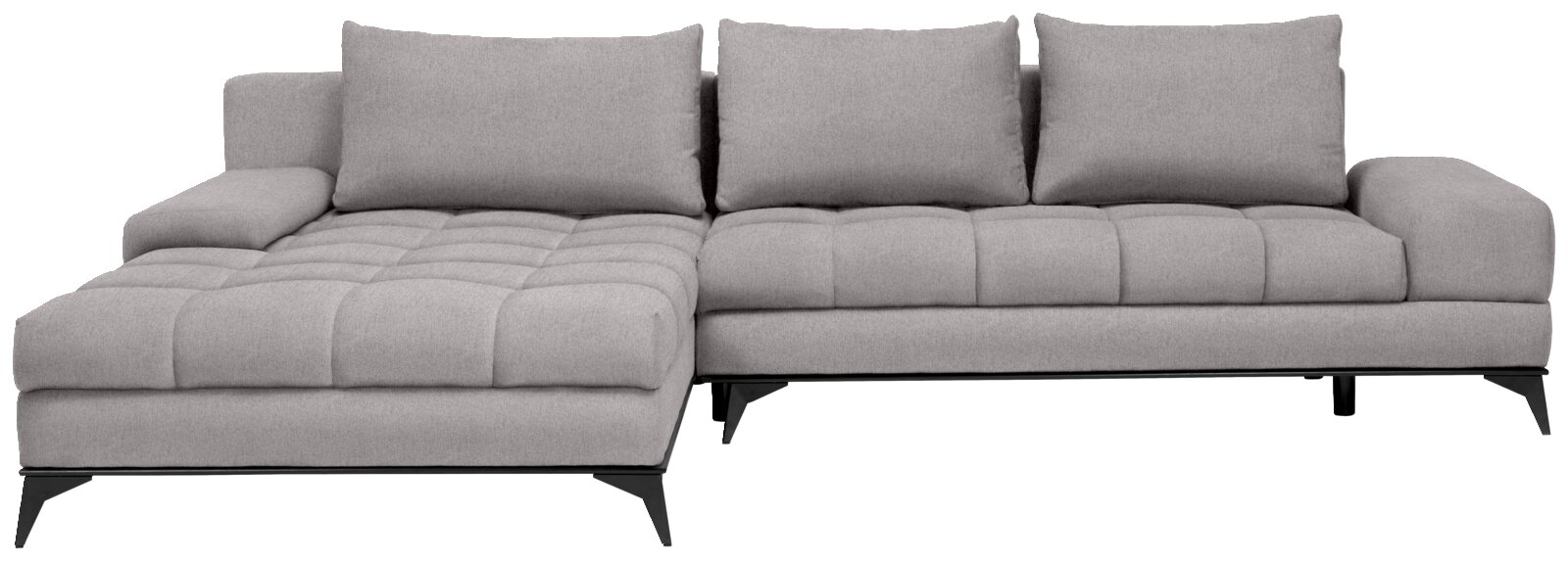 Graues Ecksofa mit linksseitiger Ottomane, frontal betrachtet.