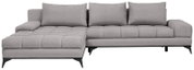 Graues Ecksofa mit linksseitiger Ottomane, frontal betrachtet.