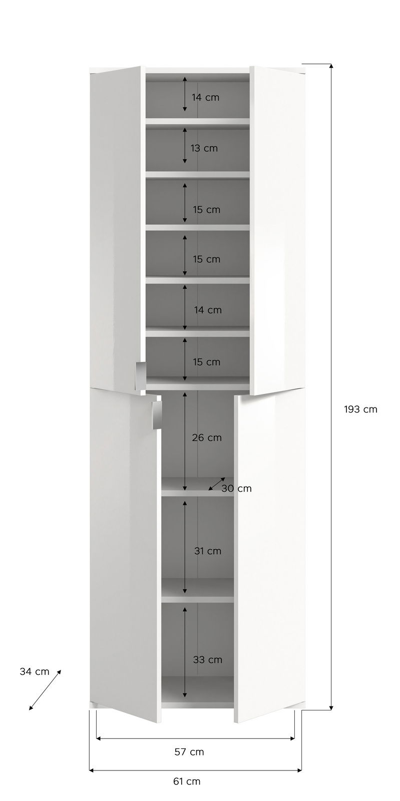 Hochschrank mit mehreren Fächern, weiße Farbe, Maße: 193 cm hoch, 61 cm breit, 57 cm tief, Frontansicht
