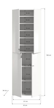 Hochschrank mit mehreren Fächern, weiße Farbe, Maße: 193 cm hoch, 61 cm breit, 57 cm tief, Frontansicht