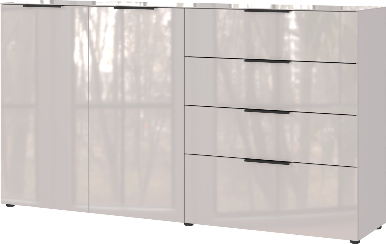 XL-Sideboard in moderner, glänzender Optik mit zwei Türen und vier Schubladen, Frontansicht
