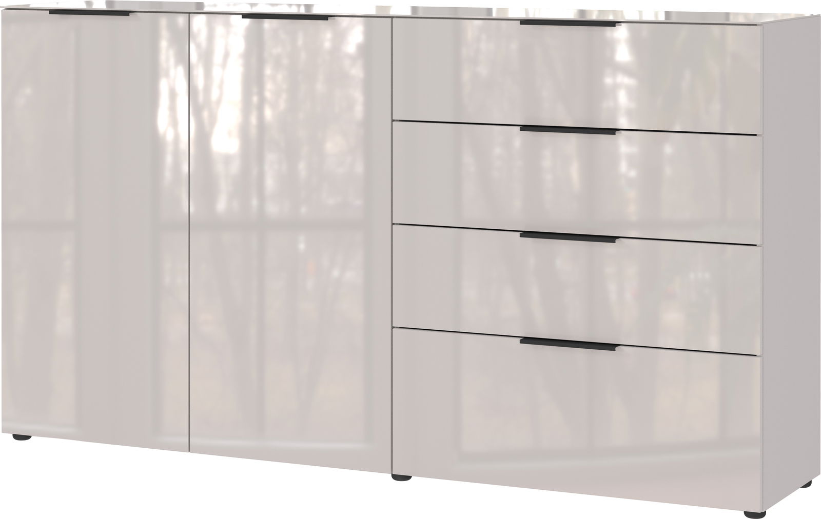 XL-Sideboard in moderner, glänzender Optik mit zwei Türen und vier Schubladen, Frontansicht