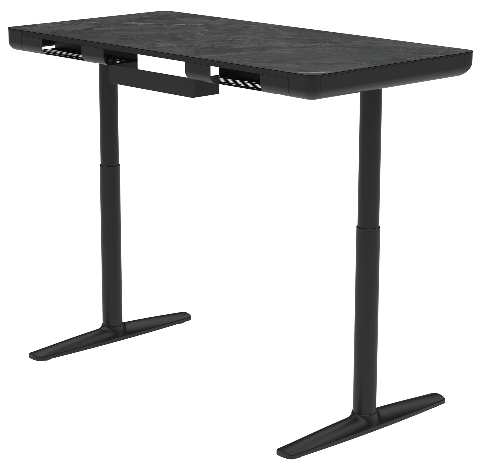 Moderner E-Schreibtisch in schwarzer Farbe, seitliche Perspektive