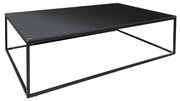 Moderne salontafel met een zwart glazen blad en een minimalistisch metalen frame, gezien vanaf de zijkant