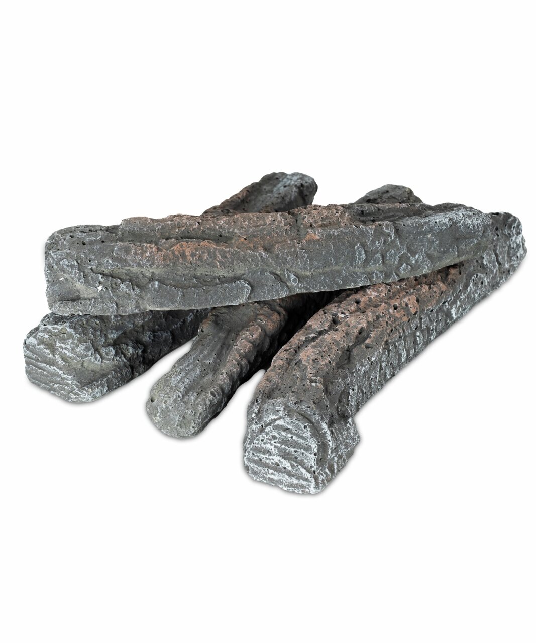 Holzscheit-Imitat aus grauem Material, gestapelt in einer schrägen Perspektive.