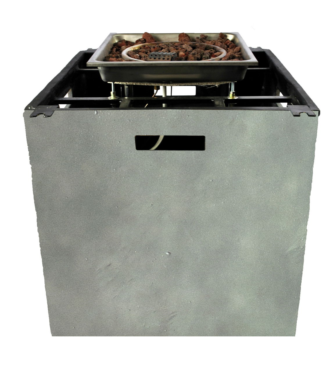 Clifton Tischfuß - Comfort-Lounge CLIFTON Frontale Ansicht eines Tischfußes der Comfort-Lounge mit integriertem Feuerstelleinsatz und Lavasteinen.