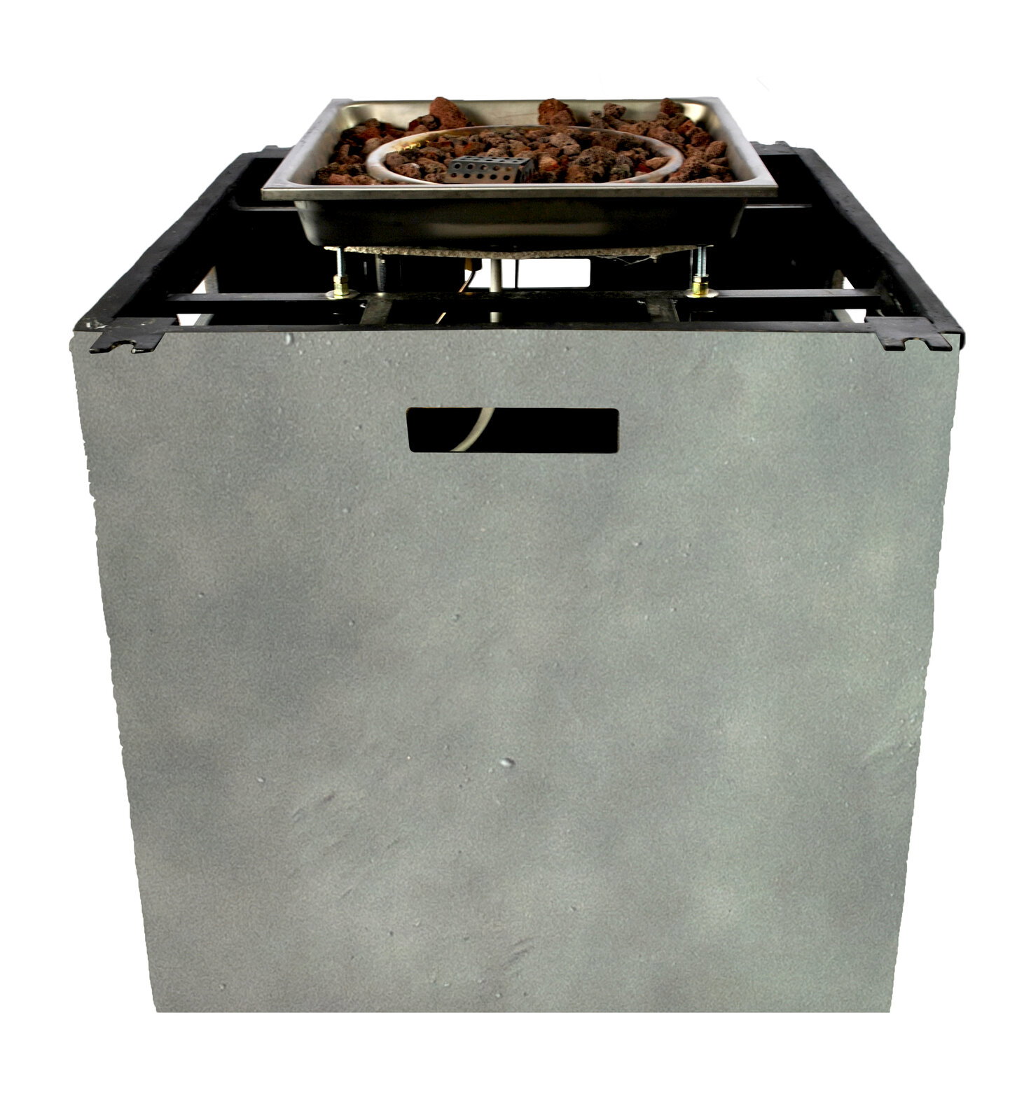 Frontale Ansicht eines Tischfußes der Comfort-Lounge mit integriertem Feuerstelleinsatz und Lavasteinen.