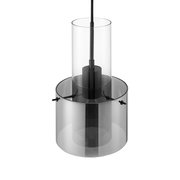Moderne Hängeleuchte mit zylindrischem, transparentem Design, seitliche Perspektive