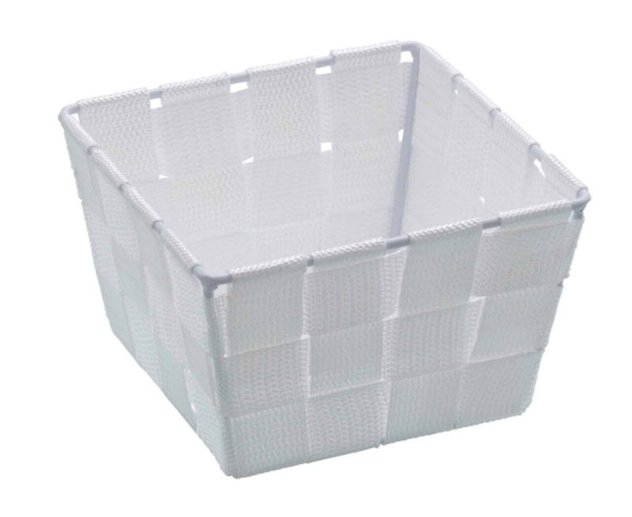 Weißer quadratischer Badkorb Adria Mini aus geflochtenem Material, schräg von oben fotografiert.