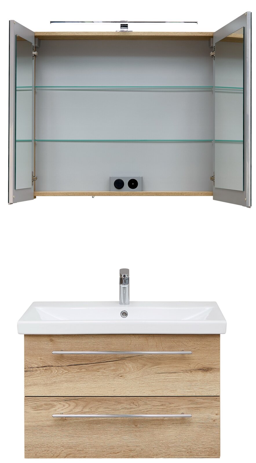 Badezimmer-Waschtisch mit weißem Keramikbecken und Holzoptik-Unterschrank mit zwei Schubladen, darüber Spiegelschrank mit geöffneten Spiegeltüren, Glasablagen und LED-Leuchte, Frontansicht