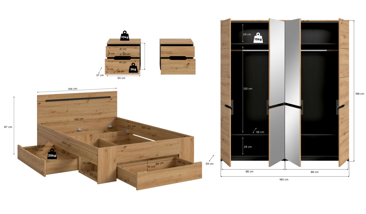 Maßbild eines Schlafzimmer-Sets in Eiche-Optik: Bettgestell mit Schubladen und Nachttisch sowie 3-türiger Kleiderschrank mit Spiegel, dargestellt in Front- und Seitenansicht mit eingezeichneten Abmessungen.