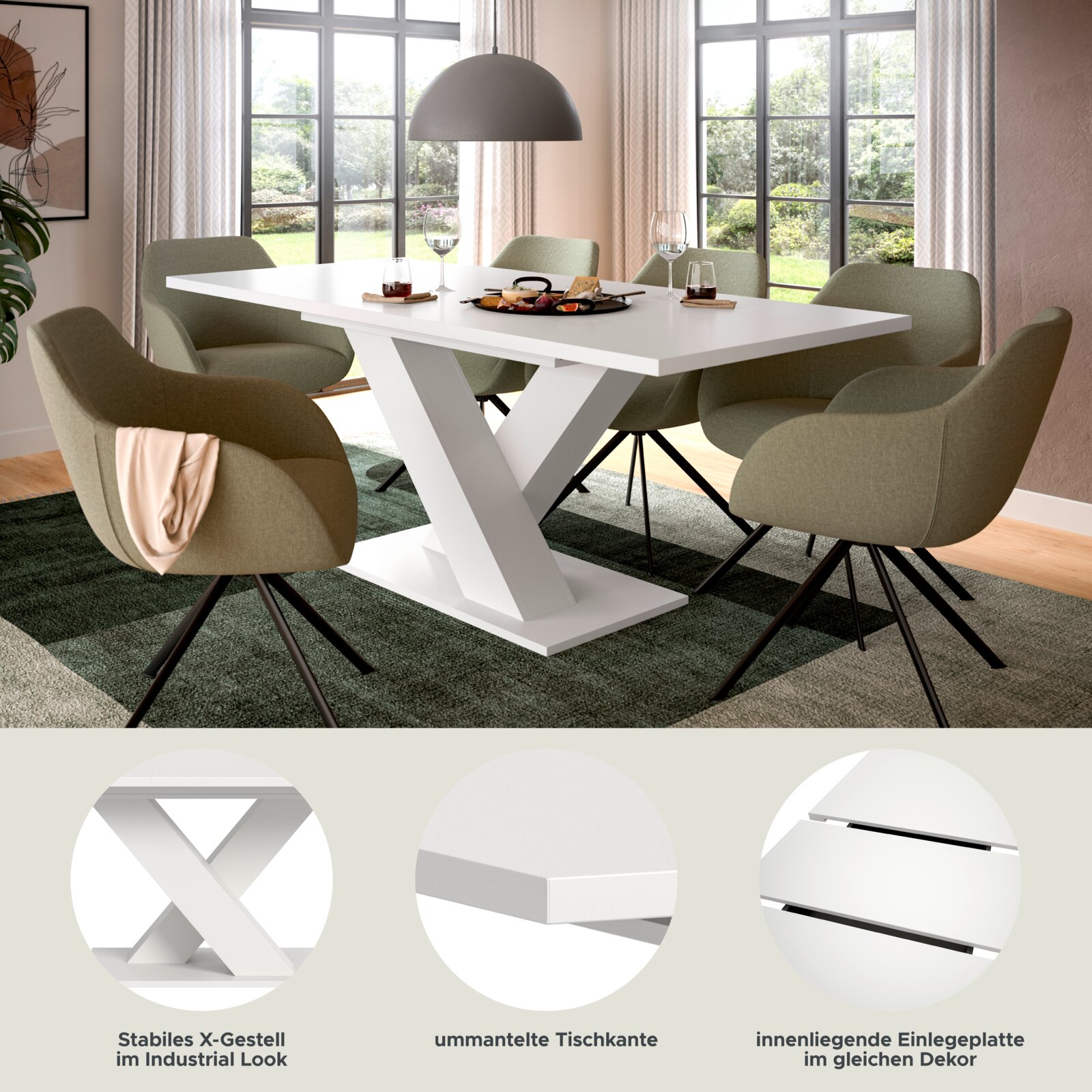 Moderner Esstisch mit stabilem X-Gestell im Industrial Look, umgeben von grünen Stühlen, in einem hellen Raum mit großen Fenstern, aus der Perspektive leicht von oben.