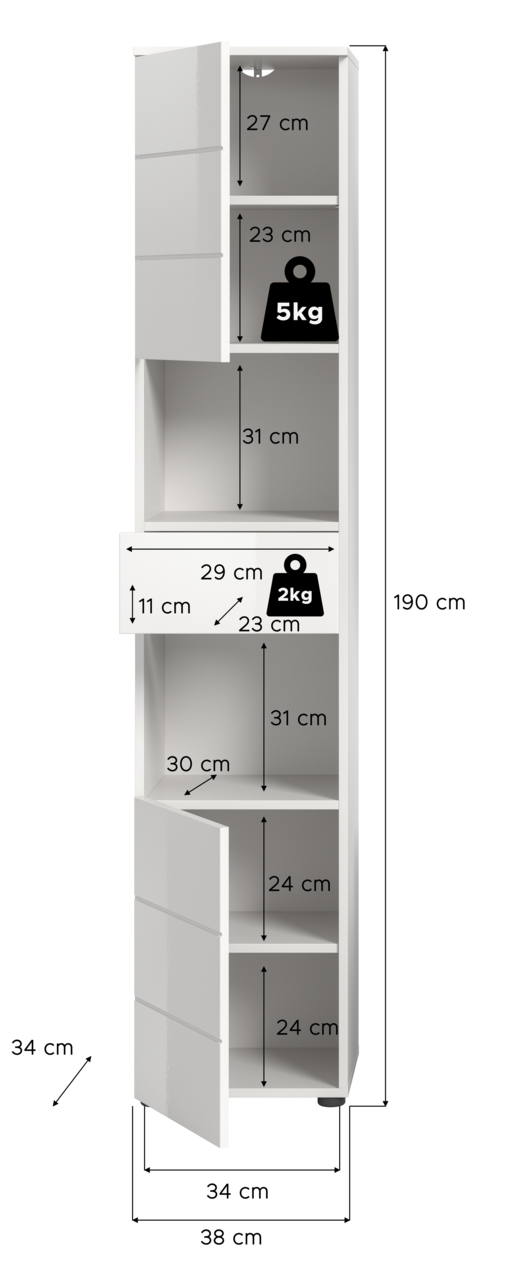 Hochschrank mit mehreren Fächern und Schublade, Gesamtmaße 190 cm hoch, 38 cm tief, 34 cm breit, Frontansicht