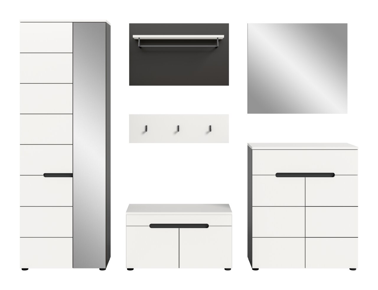 Modernes weiß-graues Flurmöbel-Set in Frontalansicht: hoher Schrank, zwei Kommoden mit schwarzen Griffleisten, Spiegel, Wandgarderobe mit Haken und Ablage
