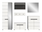 Modernes weiß-graues Flurmöbel-Set in Frontalansicht: hoher Schrank, zwei Kommoden mit schwarzen Griffleisten, Spiegel, Wandgarderobe mit Haken und Ablage