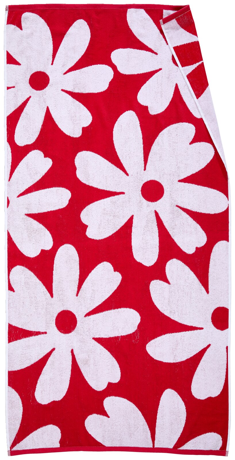 Rotes Strandtuch mit großen weißen Blumenmotiven, flach von oben in Frontalansicht fotografiert