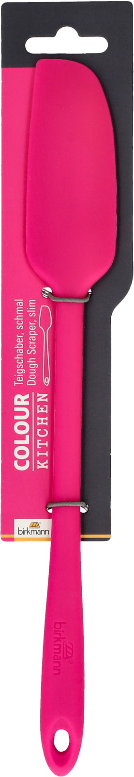 Birkmann Teigschaber schmal COLOUR KITCHEN Schmaler, pinker Teigschaber von Birkmann, frontal abgebildet auf einer Verpackungskarte.