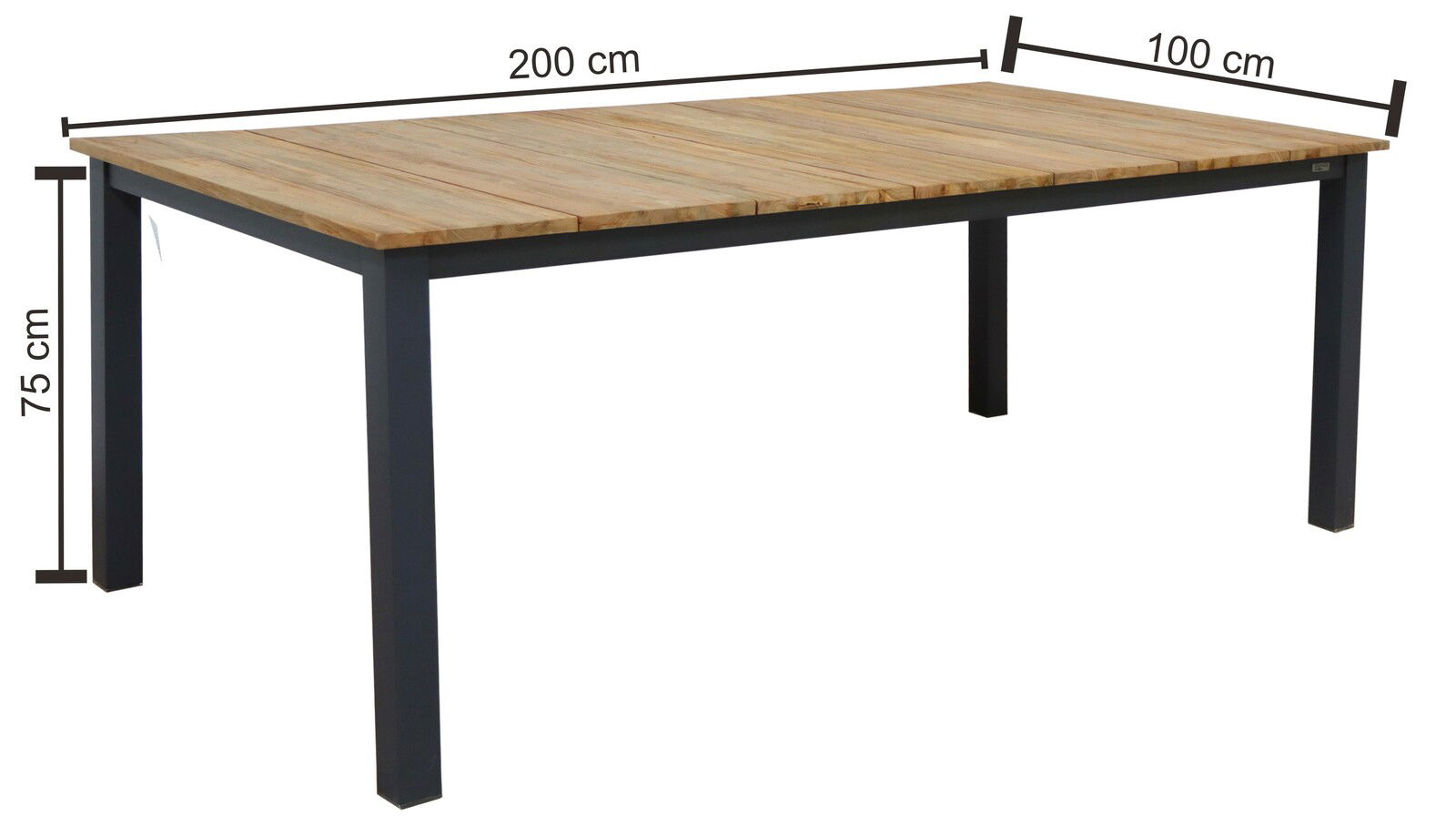 Gartentisch aus Holz mit Metallbeinen, rechteckig, 200 cm lang, 100 cm breit, 75 cm hoch, seitliche Perspektive