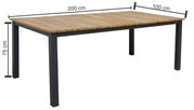 Houten tuintafel met metalen poten, rechthoekig, 200 cm lang, 100 cm breed, 75 cm hoog, zijaanzicht