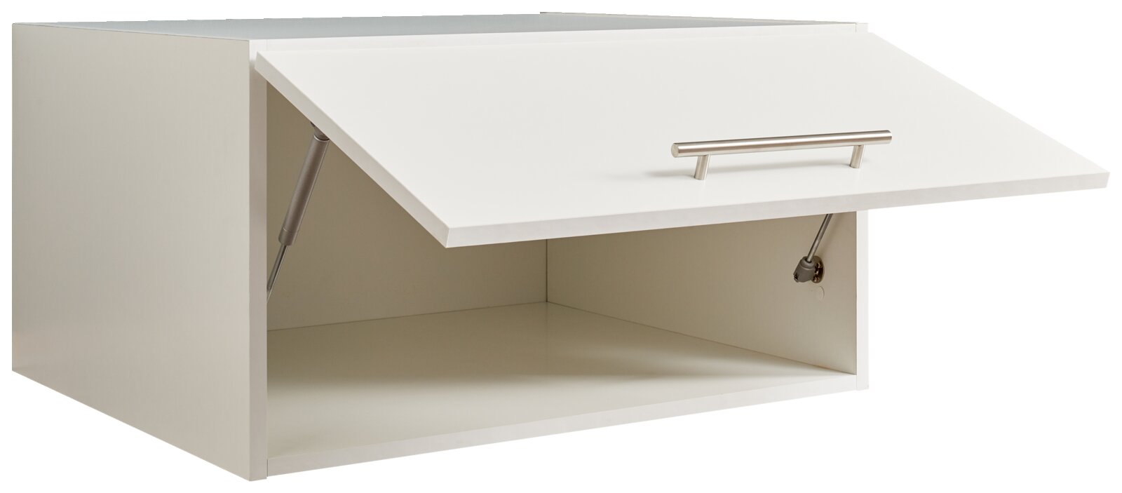 Weißer Aufsatzschrank mit Klapptür, seitliche Perspektive