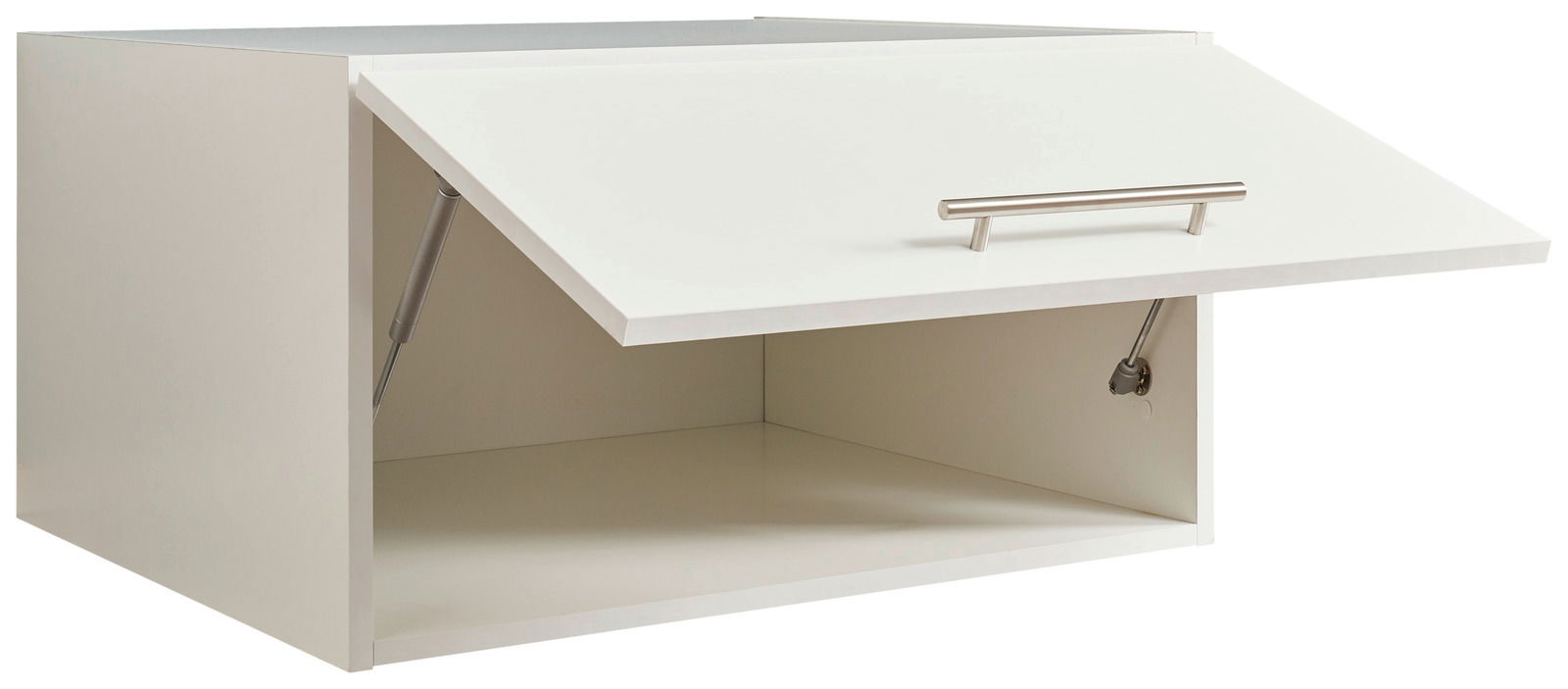 Weißer Aufsatzschrank mit Klapptür, seitliche Perspektive