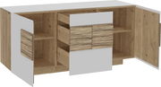 Sideboard mit geöffneter Frontansicht, zeigt Holzoptik mit Schubladen und Regalfächern.