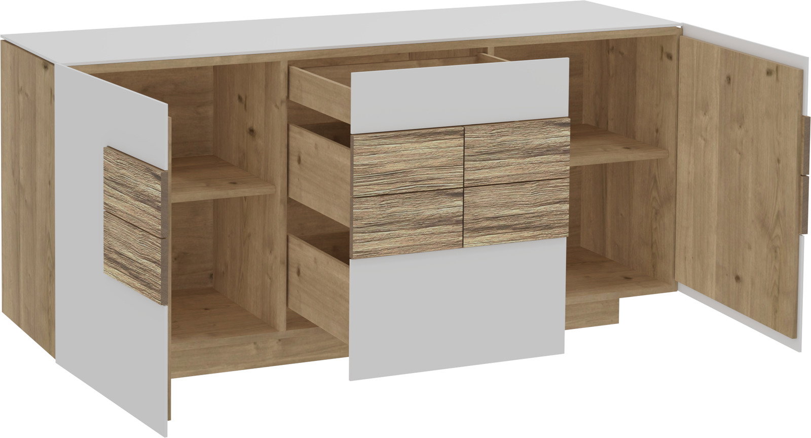 Sideboard mit geöffneter Frontansicht, zeigt Holzoptik mit Schubladen und Regalfächern.