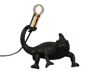 Schwarze Tischleuchte in Form eines Chamäleons mit einer Glühbirne auf dem Schwanz, seitliche Perspektive