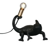 Zwarte tafellamp in de vorm van een kameleon met een gloeilamp op de staart, zijaanzicht