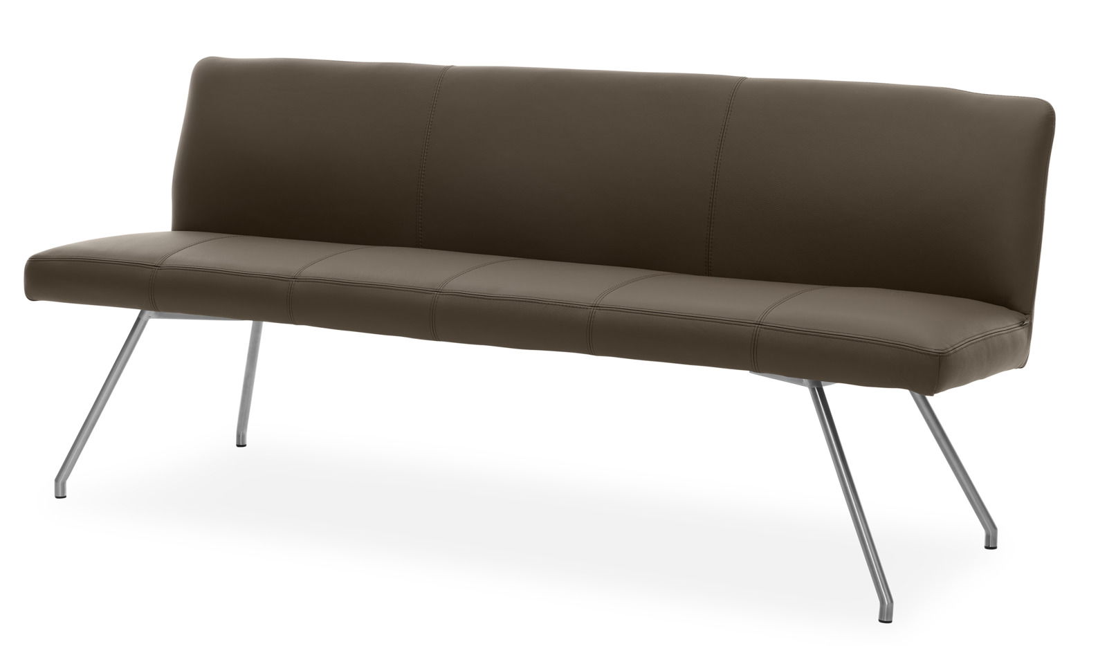 Braune Bank mit Metallbeinen, seitliche Perspektive