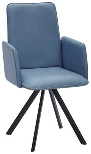 Moderner blauer Sessel mit Armlehnen und schwarzem Metallgestell, seitliche Perspektive