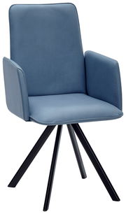 Moderner blauer Sessel mit Armlehnen und schwarzem Metallgestell, seitliche Perspektive