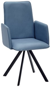 Moderne blauwe fauteuil met armleuningen en een zwart metalen frame, zijaanzicht