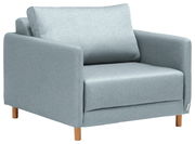 Grauer Funktionssessel mit Holzbeinen, seitliche Perspektive