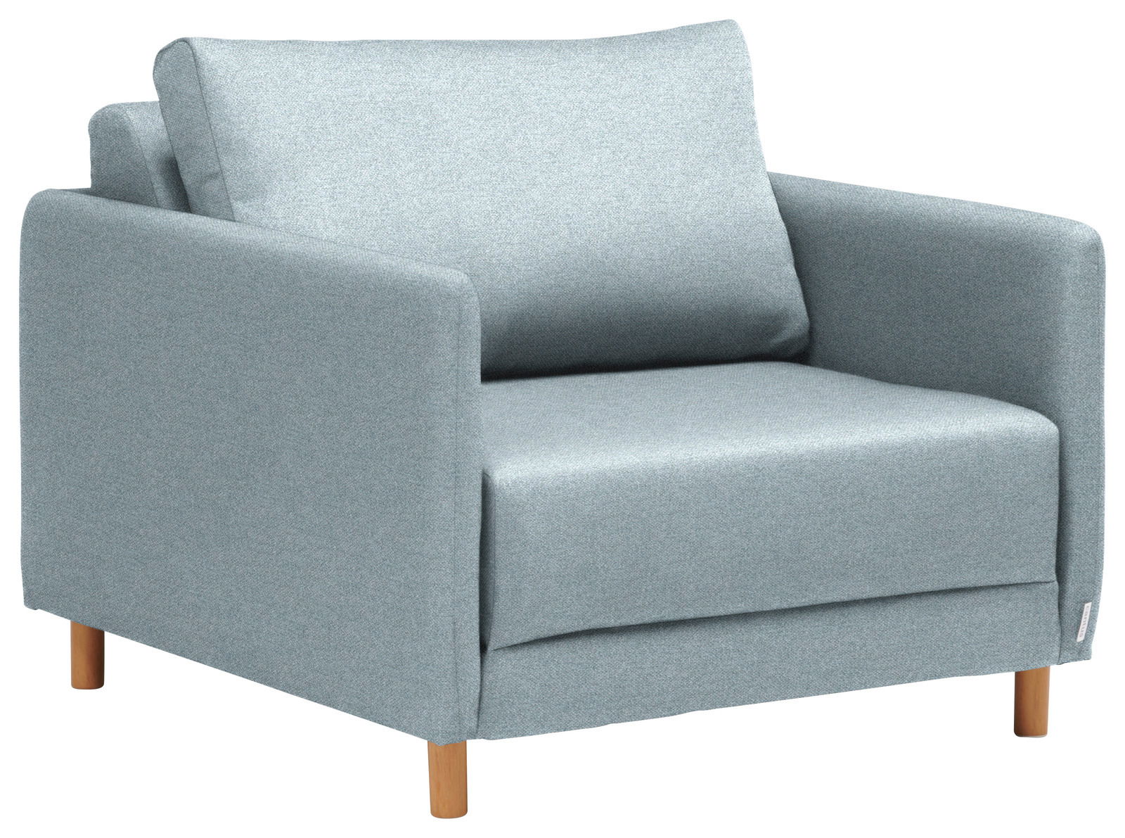 Grauer Funktionssessel mit Holzbeinen, seitliche Perspektive