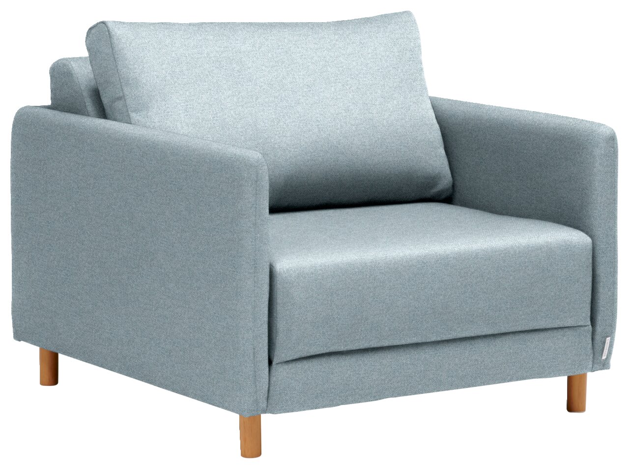 Grauer Funktionssessel mit Holzbeinen, seitliche Perspektive