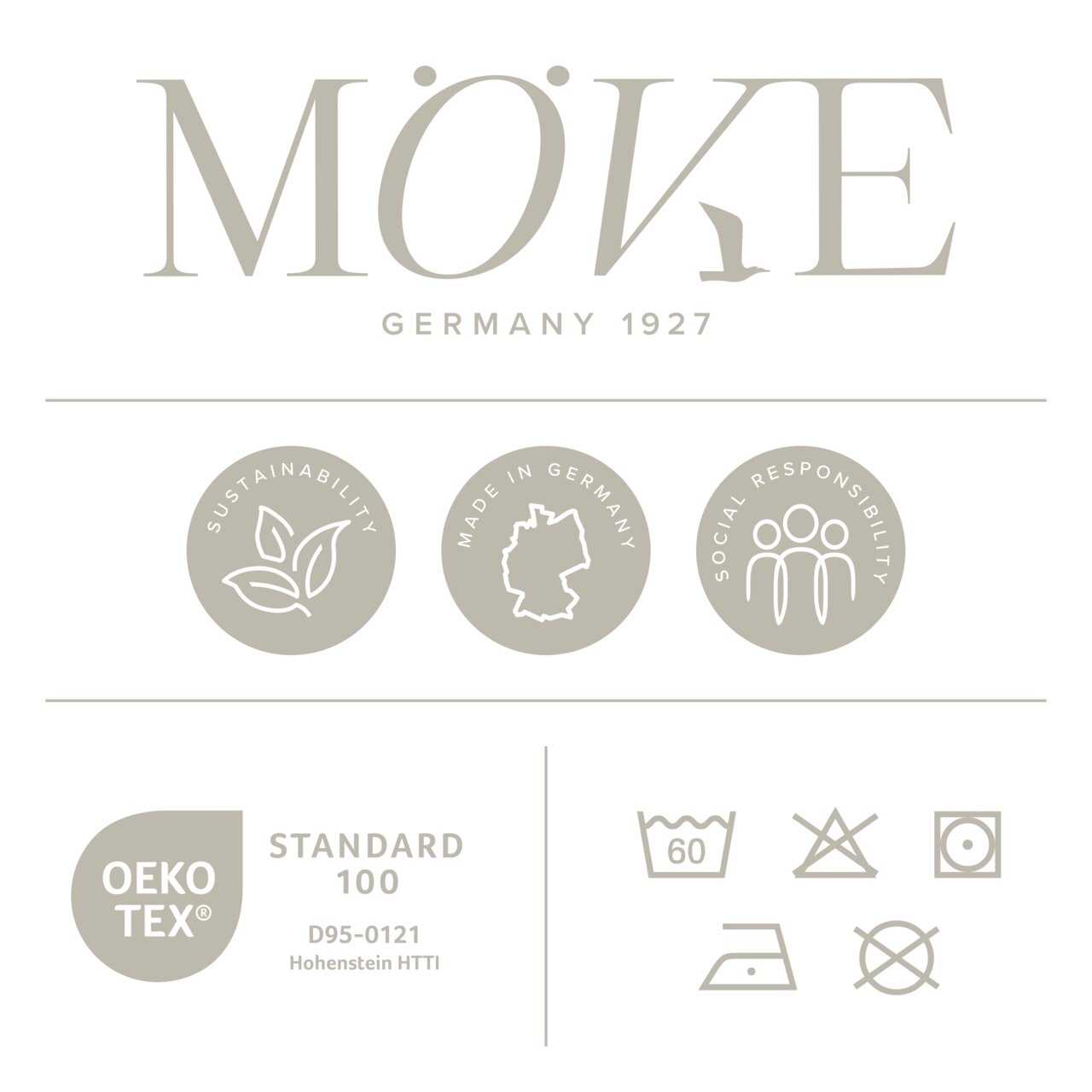 Logo van het merk MÖVE met verwijzingen naar duurzaamheid, ‘Made in Germany’ en maatschappelijke verantwoordelijkheid. OEKO-TEX Standard 100-certificering en onderhoudsinstructies op de voorkant.