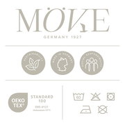 Logo der Marke MÖVE mit Hinweisen auf Nachhaltigkeit, Made in Germany und soziale Verantwortung. OEKO-TEX Standard 100 Zertifizierung und Pflegehinweise aus der Vorderansicht.