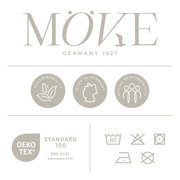 Logo van het merk MÖVE met verwijzingen naar duurzaamheid, ‘Made in Germany’ en maatschappelijke verantwoordelijkheid. OEKO-TEX Standard 100-certificering en onderhoudsinstructies op de voorkant.