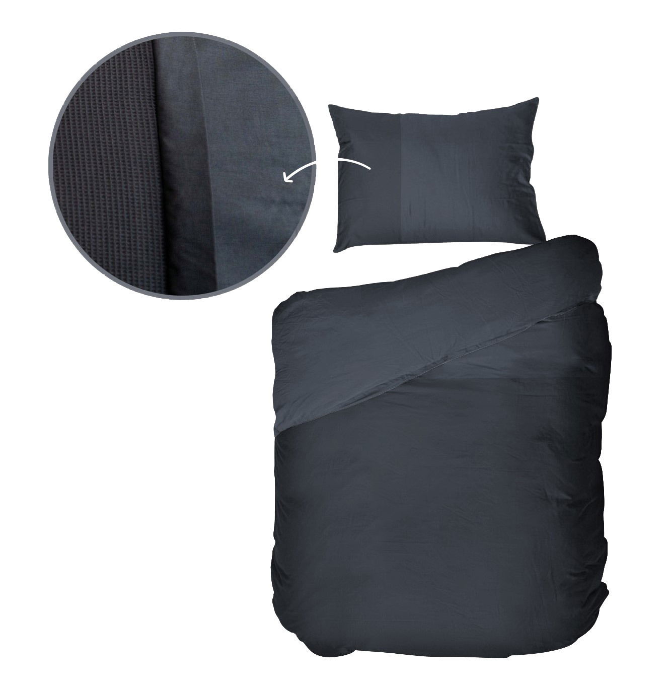 Dunkelgraue Bettwäsche 155x220cm mit Kissenbezug, Draufsicht, Detailansicht der Textur