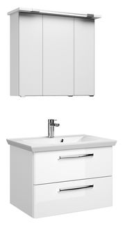 Moderner weißer Badblock mit Spiegelschrank und Waschbecken, Frontansicht