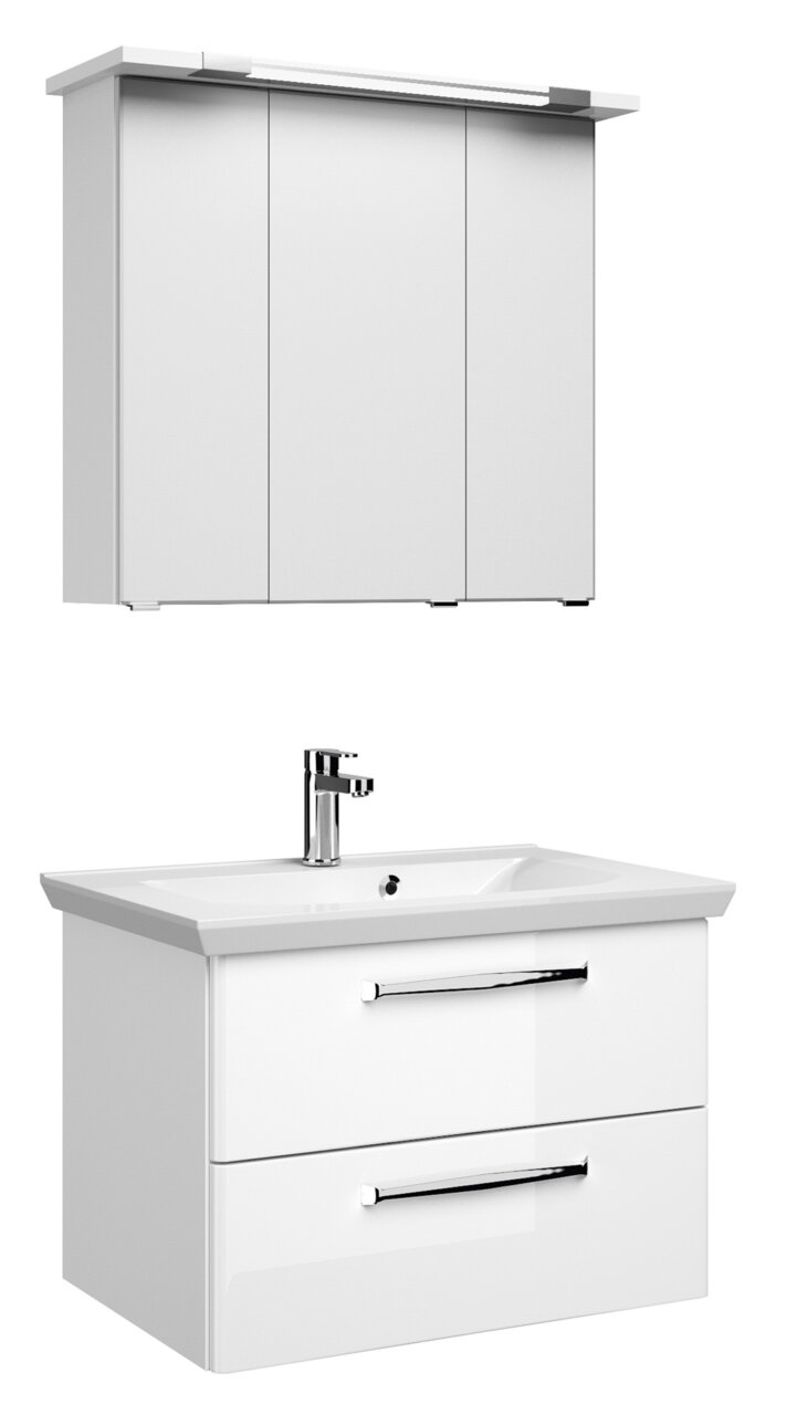 Modern wit badkamermeubel met spiegelkast en wastafel, vooraanzicht