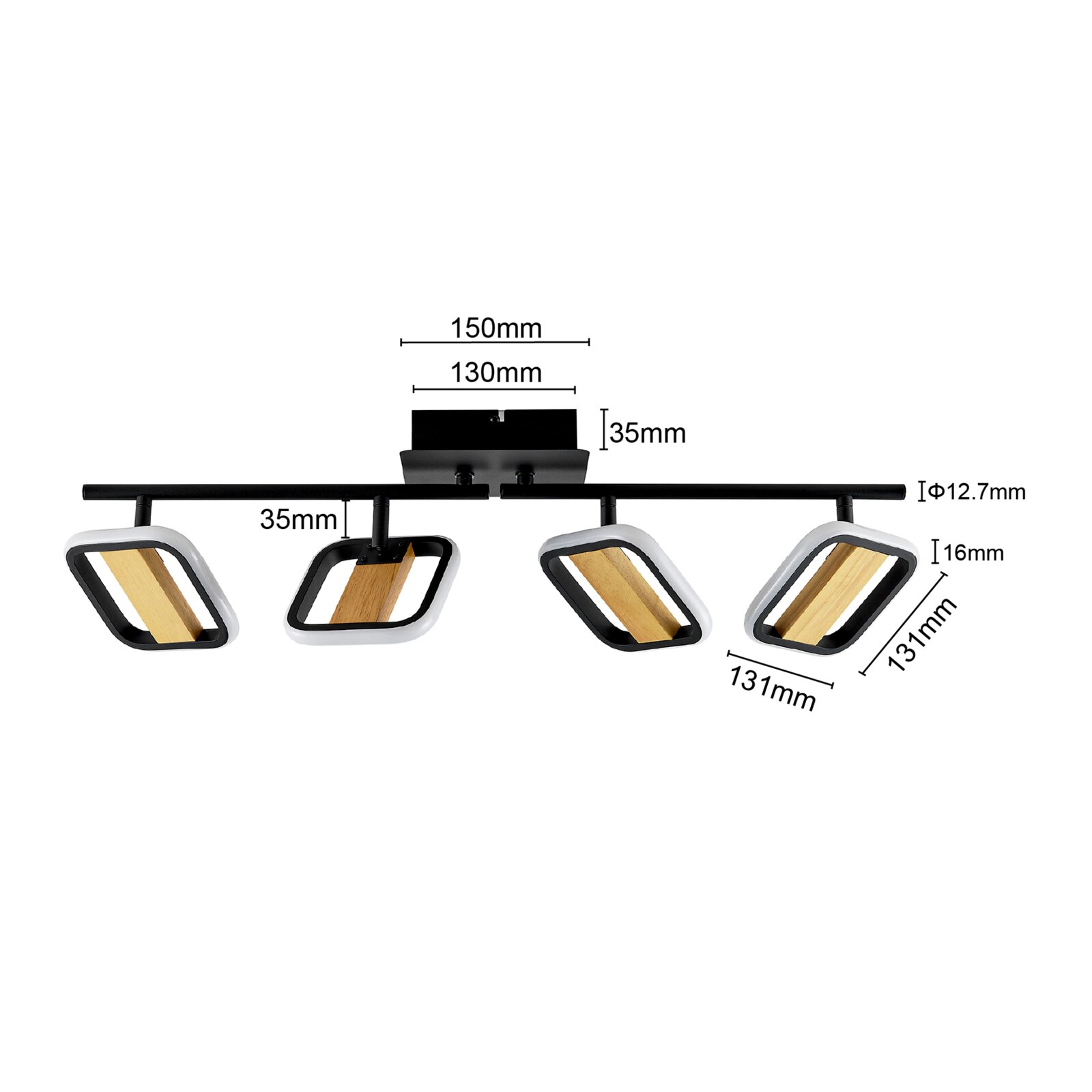 LED-Strahler mit vier verstellbaren Leuchten, schwarze und holzfarbene Elemente, seitliche Perspektive