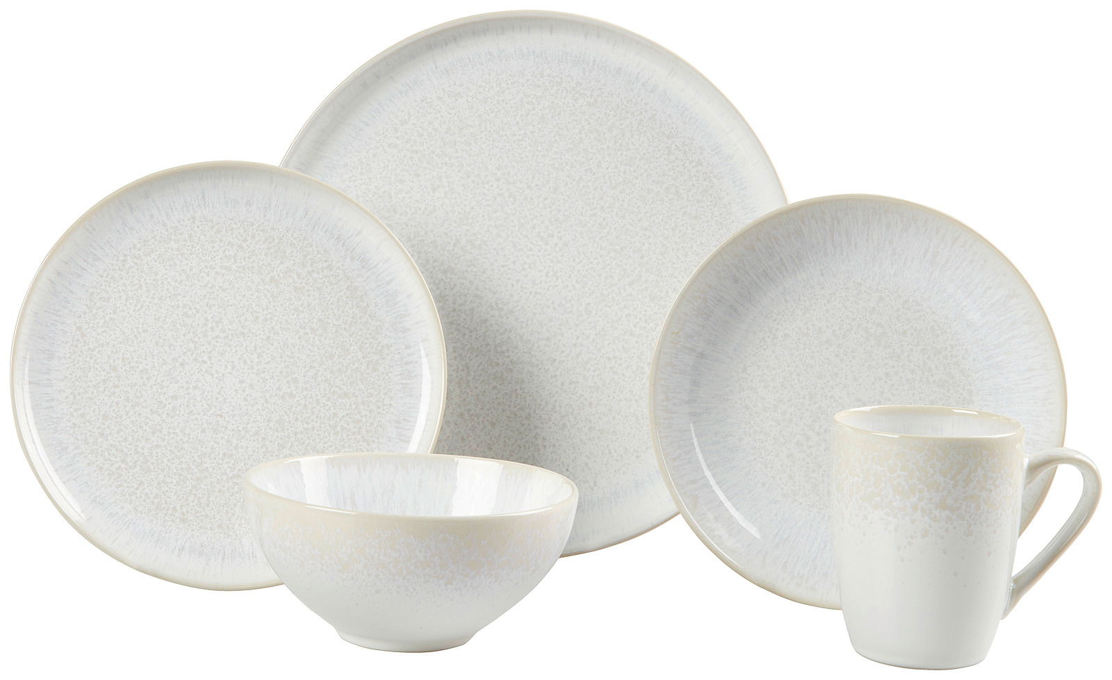 Kombiservice 20-tlg. in eleganter, heller Keramikoptik, bestehend aus Tellern, Schalen und Tassen, aus seitlicher Perspektive fotografiert.