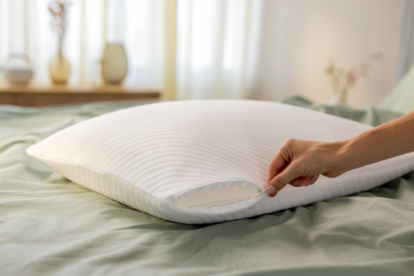 Close-up van een wit slaapkussen met ritssluiting dat op een bed ligt. Een hand trekt de rits open om de binnenkant van het kussen te laten zien.