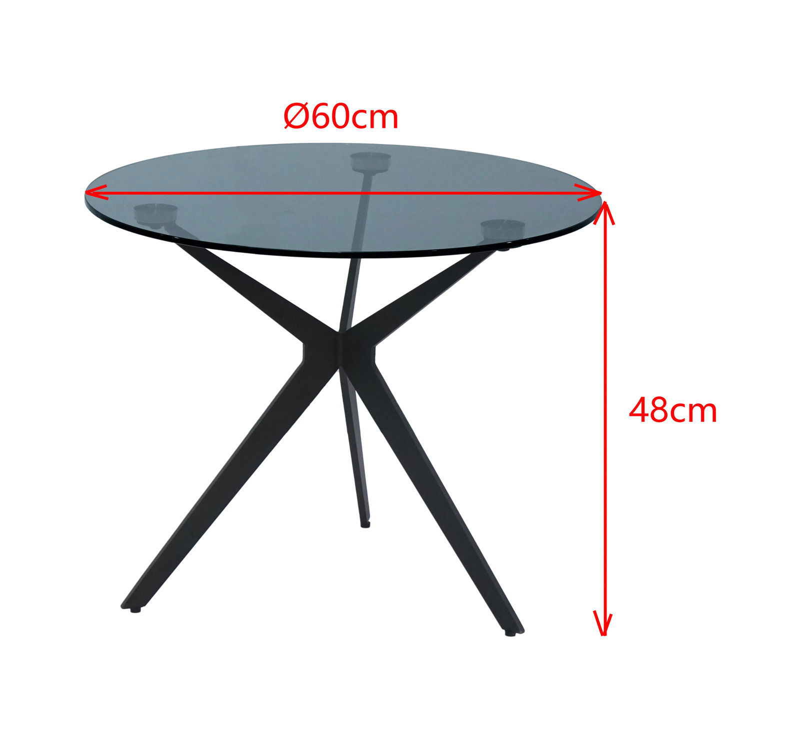 Runder Beistelltisch mit Glasplatte, Durchmesser 60 cm, Höhe 48 cm, seitliche Perspektive