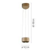 Goldfarbene Pendelleuchte mit zylindrischem Lampenschirm an drei Abhängeseilen, Durchmesser ca. 14,5 cm und höhenverstellbar 60–180 cm, Produktansicht von vorne auf weißem Hintergrund.