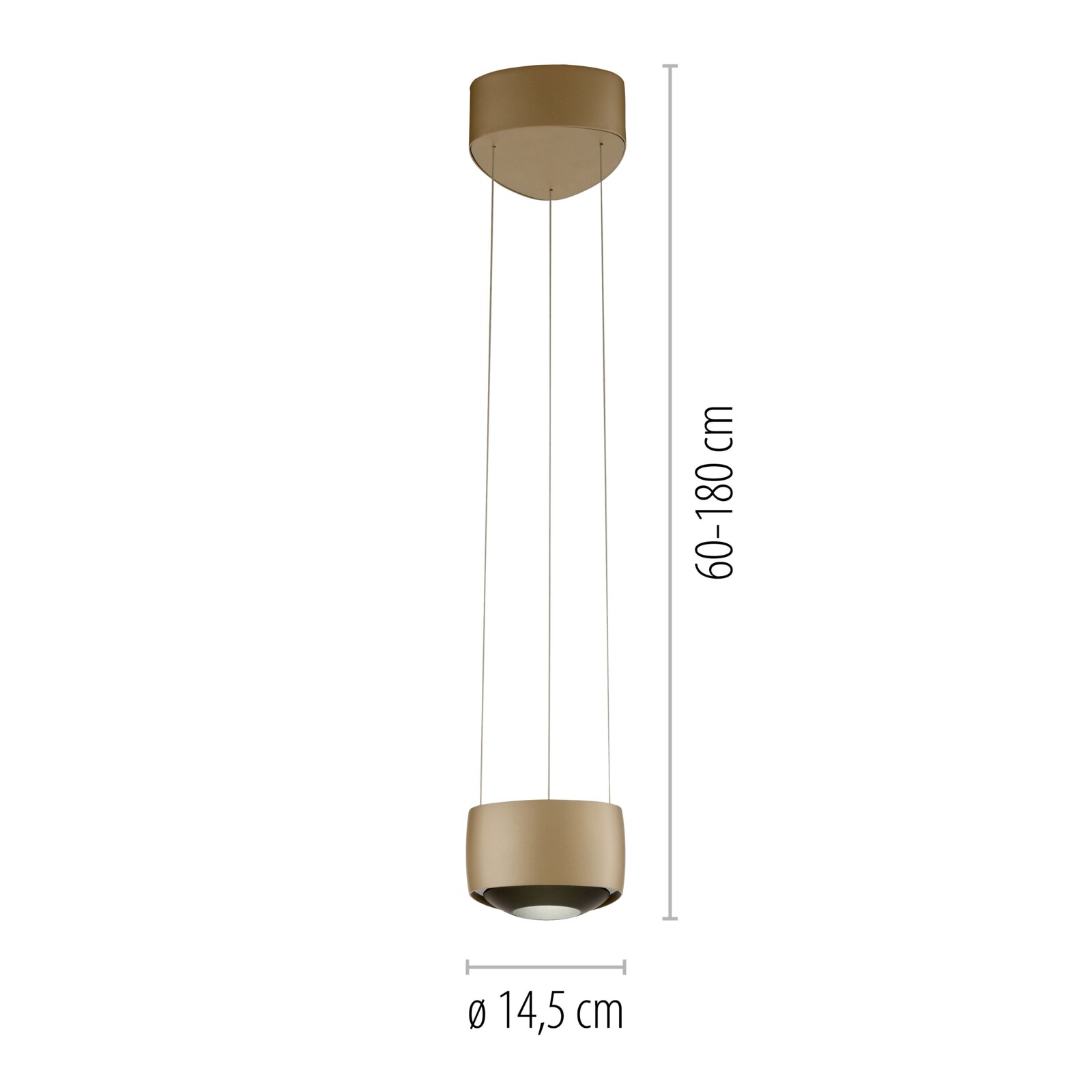 Goldfarbene Pendelleuchte mit zylindrischem Lampenschirm an drei Abhängeseilen, Durchmesser ca. 14,5 cm und höhenverstellbar 60–180 cm, Produktansicht von vorne auf weißem Hintergrund.