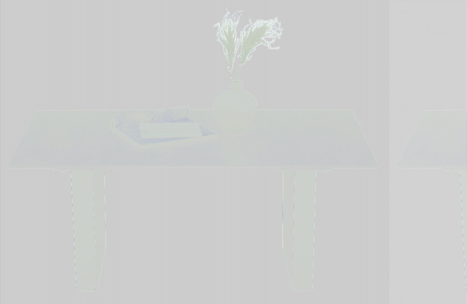 Moderner Couchtisch mit dunkler Tischplatte und silbernen Metallbeinen, dekoriert mit einer Vase und Zeitschriften, Frontalansicht.